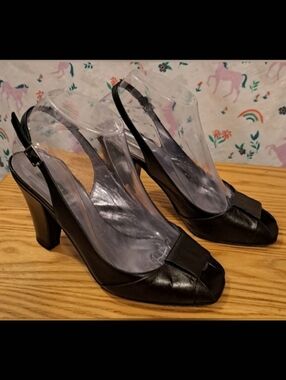 Vintage Valea Firenze Black Sheep Skin Sling Embellished Heel Pump Shoe SZ 6.5